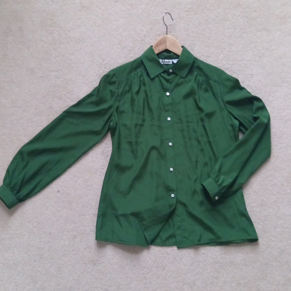 Ptp21" Vintage Flowy Green Long Sleeve Ruched Button Blouse - Picture 14 of 15